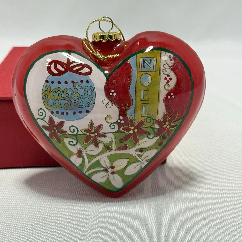 2008 Pier 1 Imports Heart Glass Christmas‎ Ornament Red NOEL Hand Painted Floral